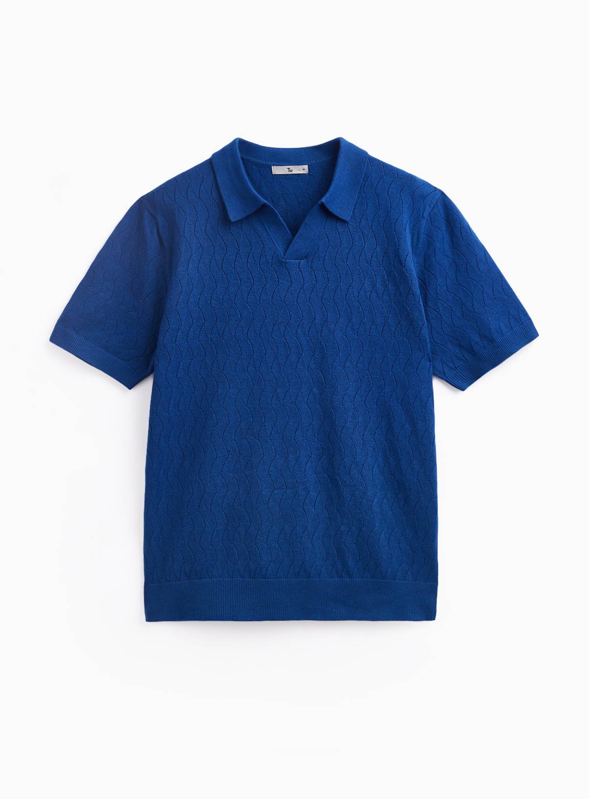 Blue Textured Pointelle Revere Neck Polo Shirt XXL - Image 2
